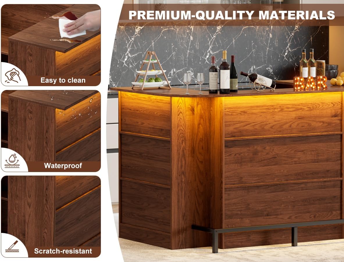 PAKASEPT Home Unit Bar Cabinet with LED Light & Stemware Holders, 3 Tier Liquor Bar Wooden Storage Cabinet, Modern U-Shaped Liquor Table Cabinet for Living Room, Dining Room