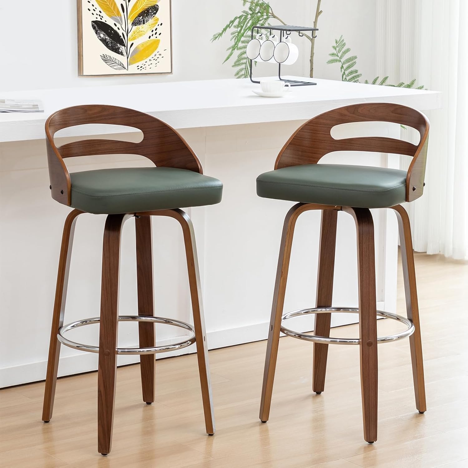 Counter Stools Set of 2, Counter Height Bar Stools with Walnut Crafts, Bentwood Curved Back, Upholstered Faux Leather, Soft Cushion Seat, Swivel Counter Chairs for Island/Pub (Green, 26" Seat Height)