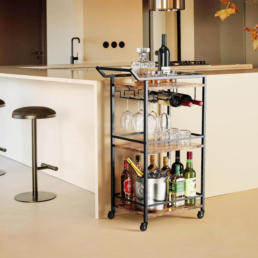 3 Tier Bar Cart, Mini Liquor Utility Cart for Wine Beverage Dinner Party, Rolling Wine Coffee Drink Serving Cart with Lockable Wheels for Home Kitchen Bars (Rustic Brown)