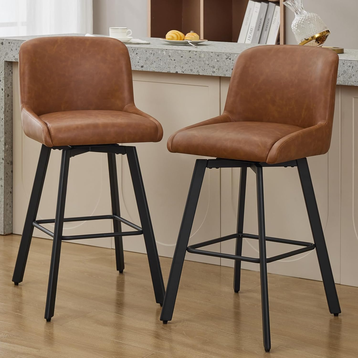 Swivel Bar Stools Set of 2, 26''H Upholstered Barstools with Backs, Modern Counter Height Bar Stool Chairs for Kitchen Island, Metal Legs, Fabric, Gray Counter Stools