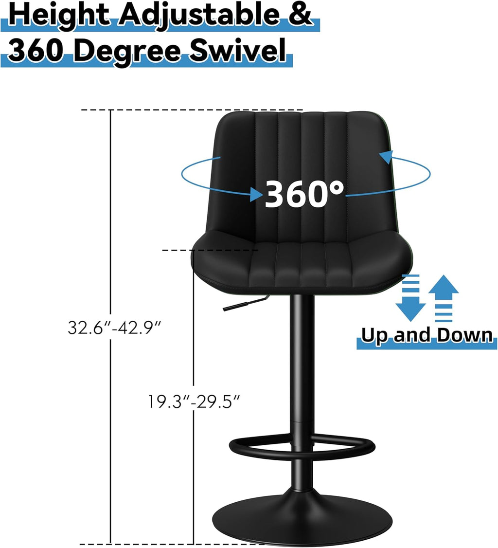 Shintenchi Swivel Bar Stools Set of 2, Adjustable Faux Leather Upholstered Swivel Counter Stools, Armless Bar Height Island Chairs with Back and Footrest, Black