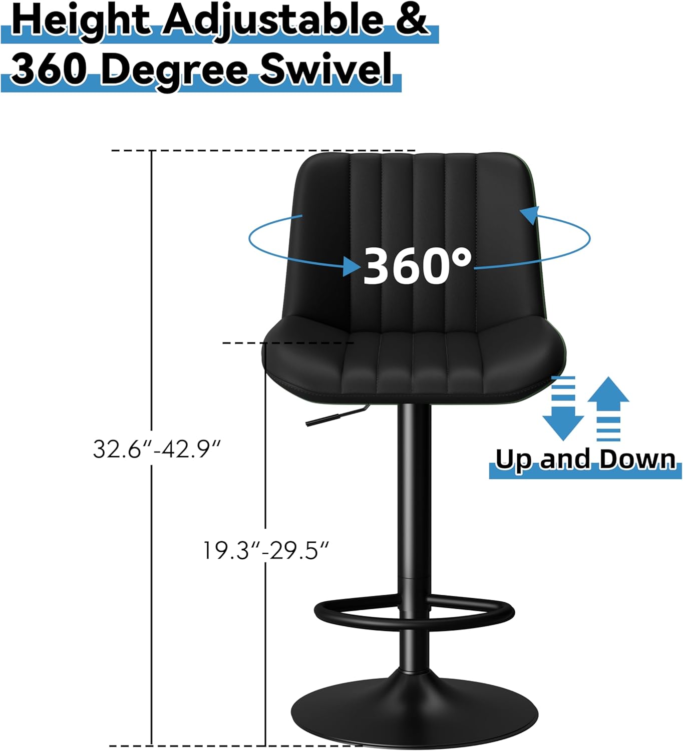 Shintenchi Swivel Bar Stools Set of 2, Adjustable Faux Leather Upholstered Swivel Counter Stools, Armless Bar Height Island Chairs with Back and Footrest, Black