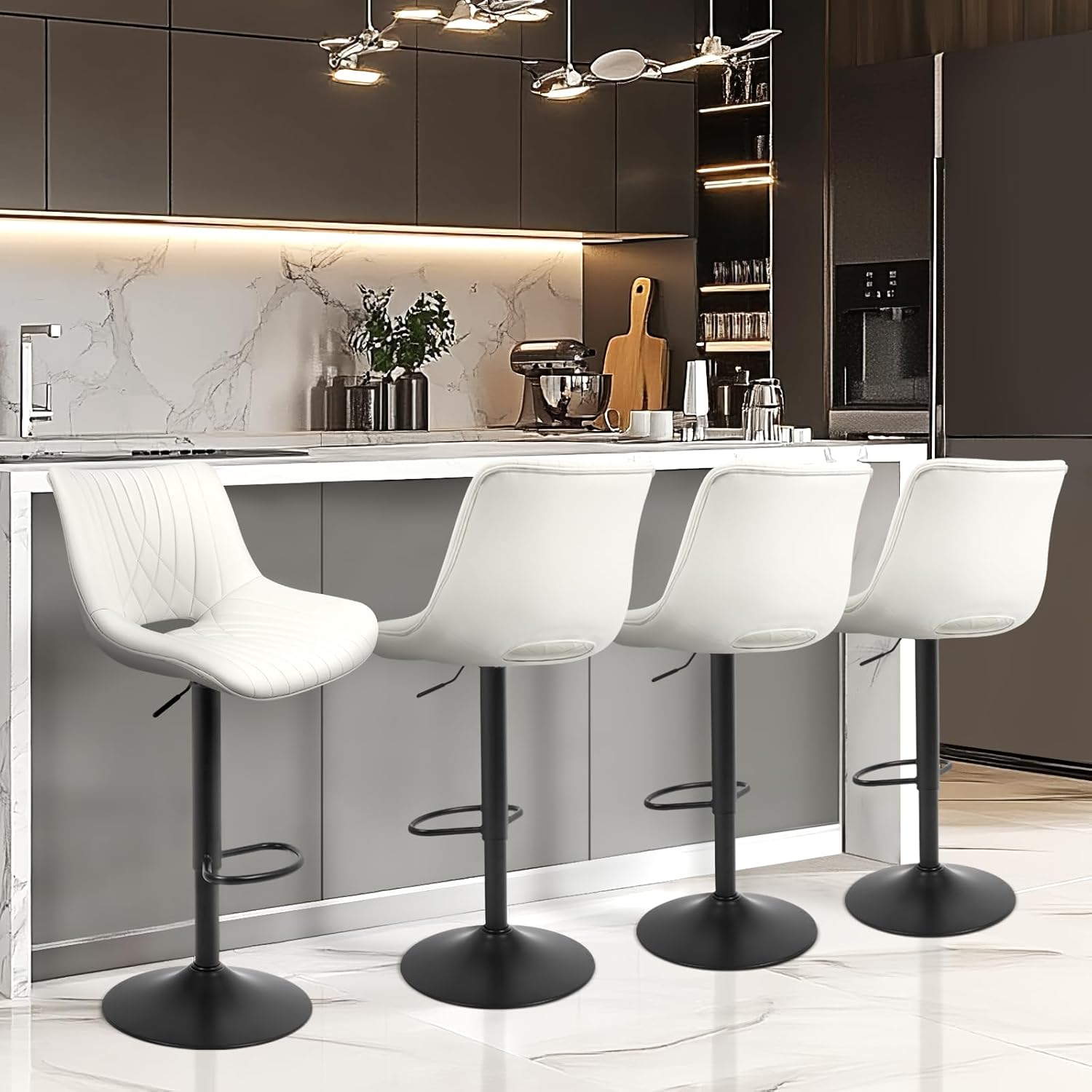 Bar Stools Set of 2, Adjustable Counter Height Bar Stools with Open Back and Footrest, Premium Faux PU Leather, Modern Upholstered Swivel Barstool for Kitchen Island, Bar,or Dining Room, Gray