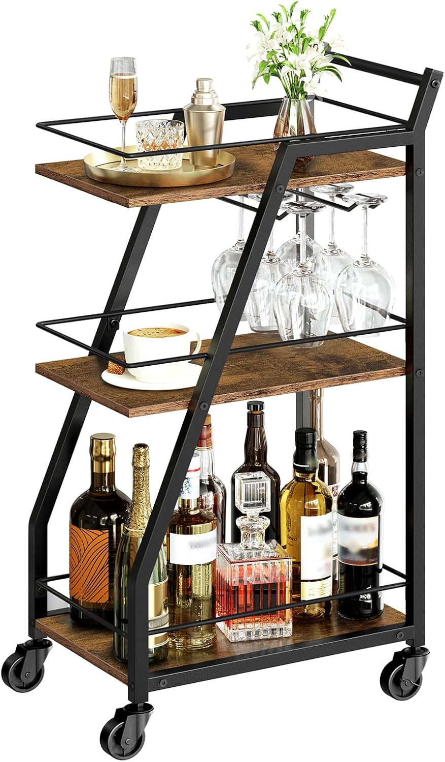Bar Cart, Gold Bar Cart for The Home, Small Bar Cart on Wheels, Beverage Cart, Home Bar Serving Cart with Glass Holder, Drink Cart for Bar, Kitchen, Marble White and Gold BC03DW