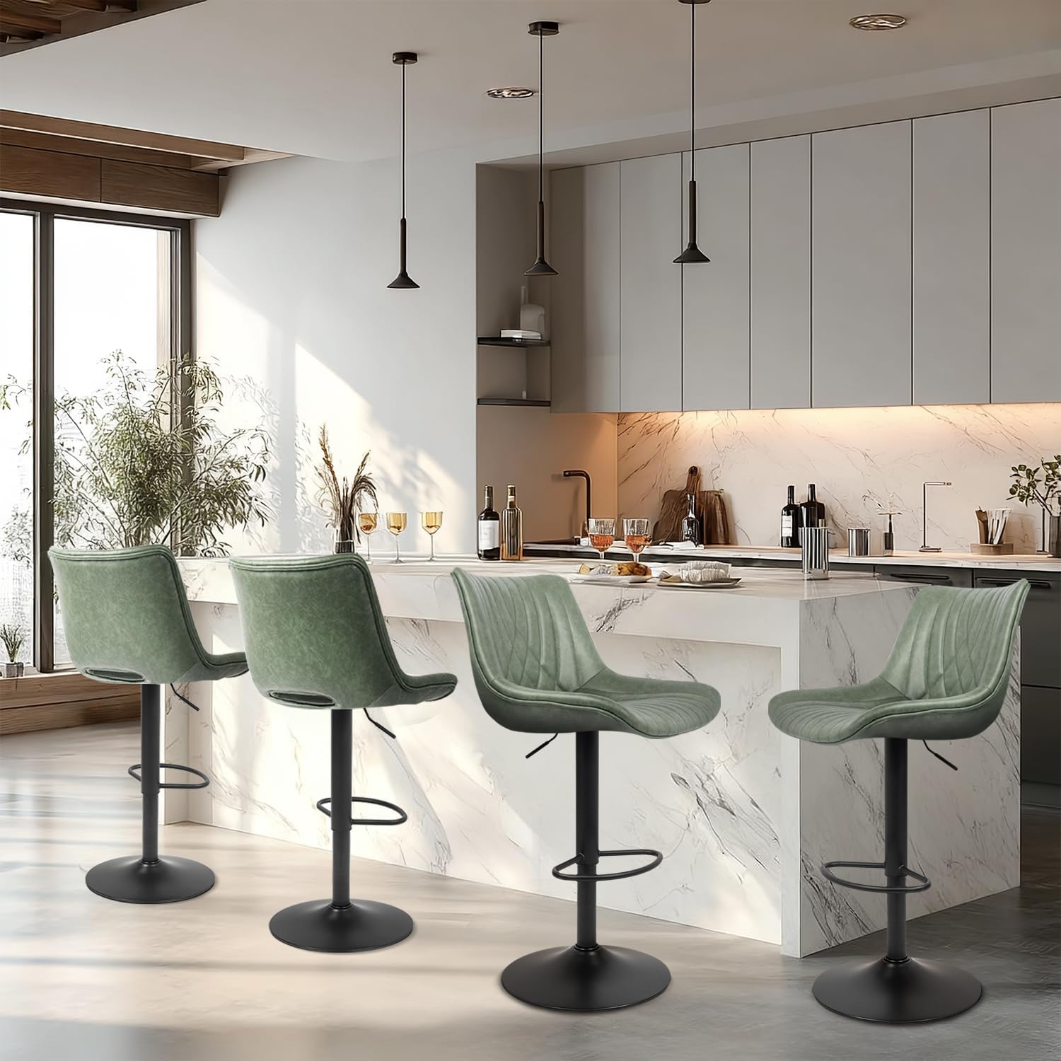 Bar Stools Set of 2, Adjustable Counter Height Bar Stools with Open Back and Footrest, Premium Faux PU Leather, Modern Upholstered Swivel Barstool for Kitchen Island, Bar,or Dining Room, Gray