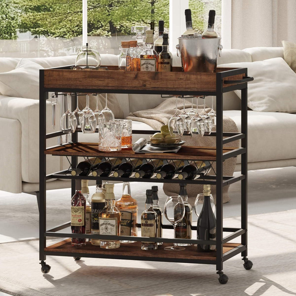 BON AUGURE Bar Cart for The Home, Rolling Home Bar Serving Cart on Wheels, 3 Tier Liquor Beverage Carts with Wine Rack and Glass Holder (Rustic Oak)