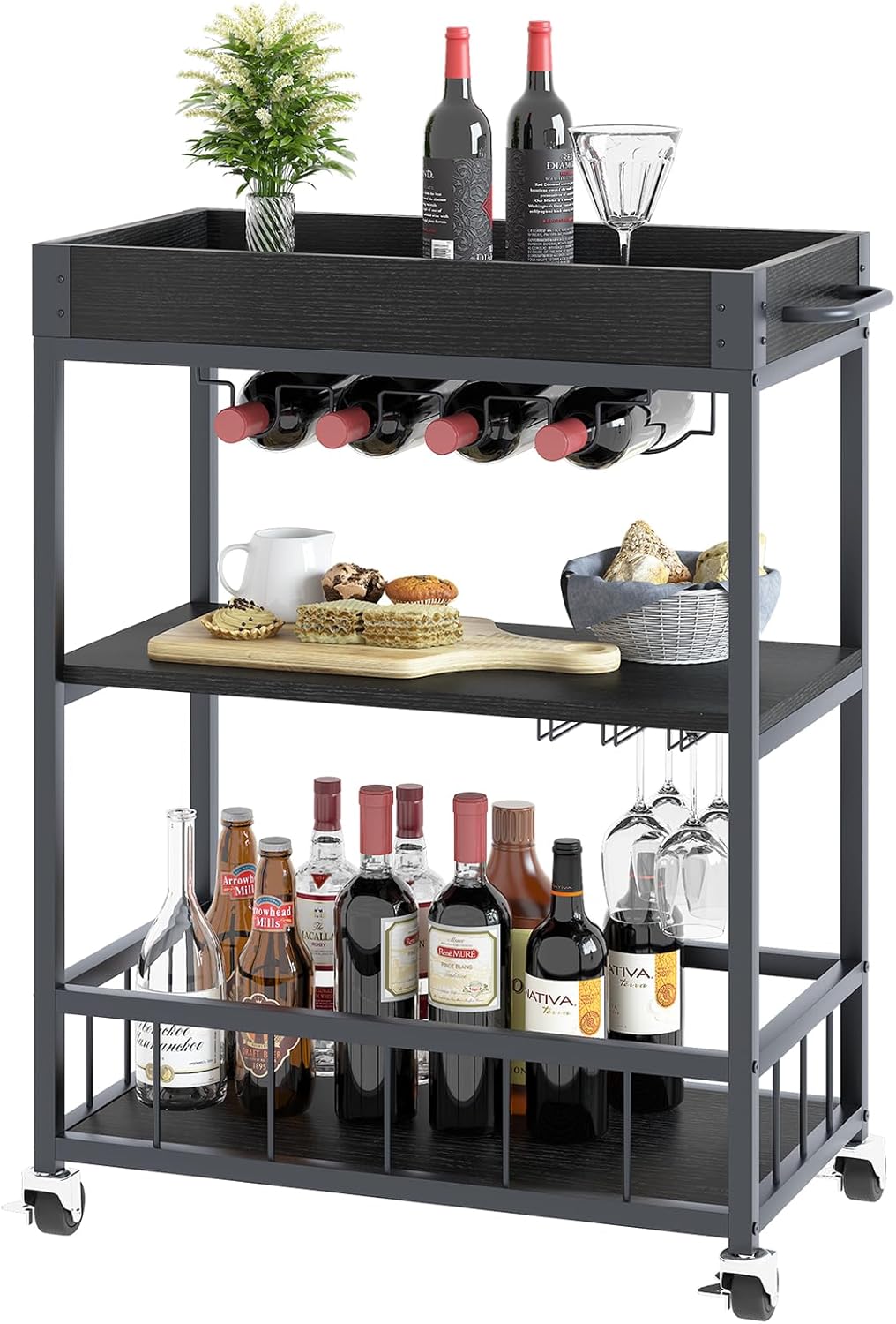 Bar Cart Serving Wine 3 Tier Home Rolling Rack with Wheels Mobile Kitchen Industrial Vintage Style Wood Metal Serving Trolley Serving Cart,Glass Holder Bar Cabinet