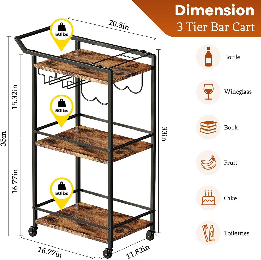 3 Tier Bar Cart, Mini Liquor Utility Cart for Wine Beverage Dinner Party, Rolling Wine Coffee Drink Serving Cart with Lockable Wheels for Home Kitchen Bars (Rustic Brown)