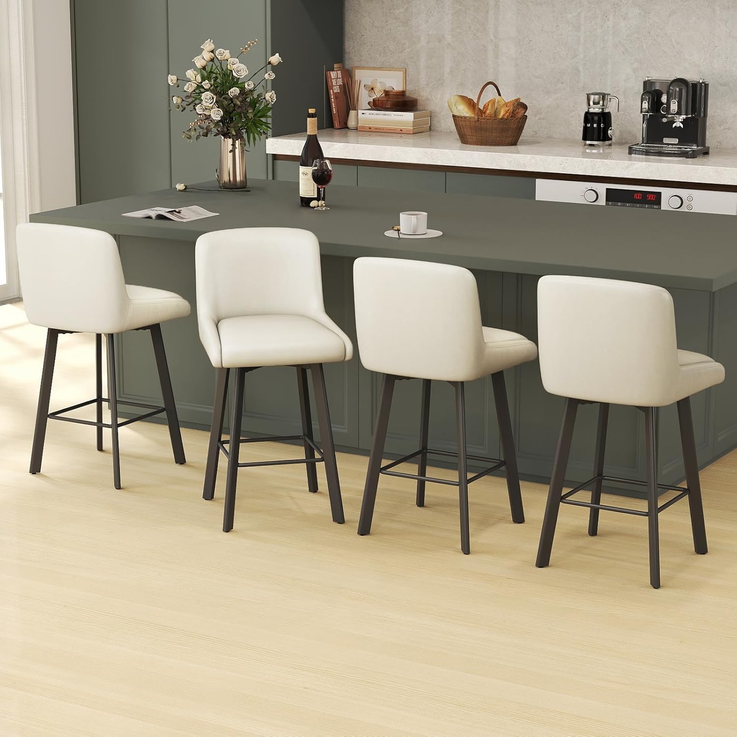 Swivel Bar Stools Set of 2, 26''H Upholstered Barstools with Backs, Modern Counter Height Bar Stool Chairs for Kitchen Island, Metal Legs, Fabric, Gray Counter Stools