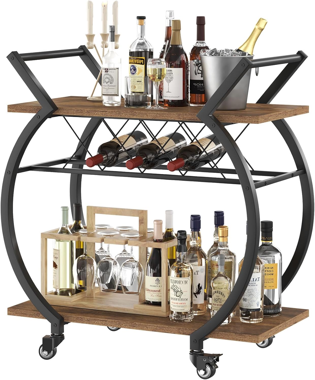 LVB Black Wine Cart with Wheels, Modern Bar Cart with Wine Rack, Industrial Beverage Rolling Kitchen Serving Cart with Storage, Metal Wooden Microwave Drink Liquor Cart for Home Dining Room, Black Oak