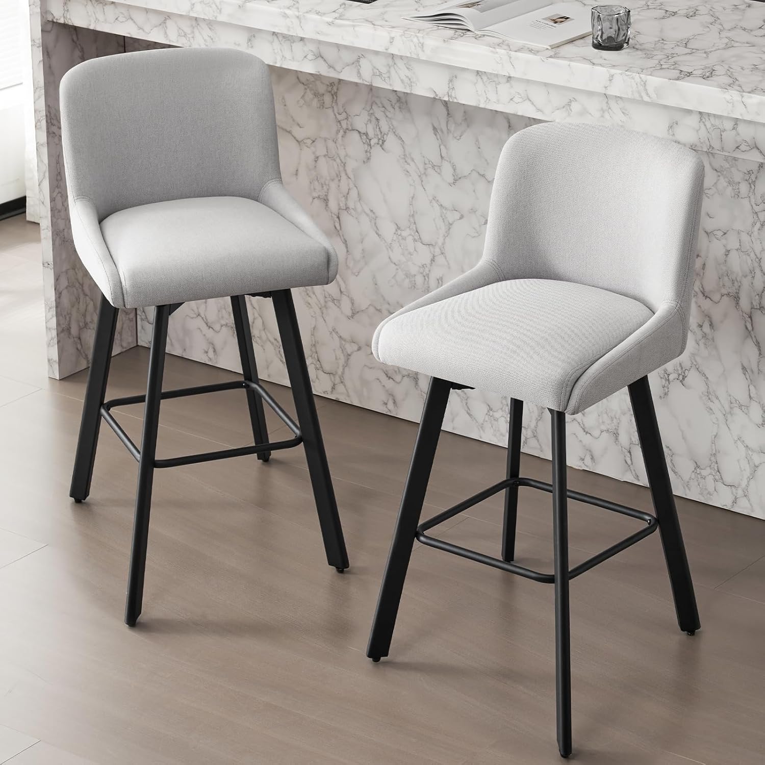 Swivel Bar Stools Set of 2, 26''H Upholstered Barstools with Backs, Modern Counter Height Bar Stool Chairs for Kitchen Island, Metal Legs, Fabric, Gray Counter Stools