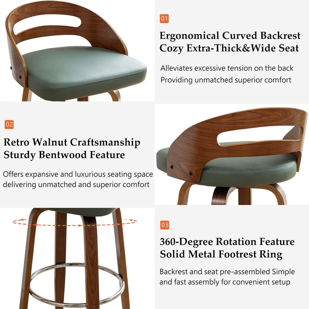 Counter Stools Set of 2, Counter Height Bar Stools with Walnut Crafts, Bentwood Curved Back, Upholstered Faux Leather, Soft Cushion Seat, Swivel Counter Chairs for Island/Pub (Green, 26" Seat Height)