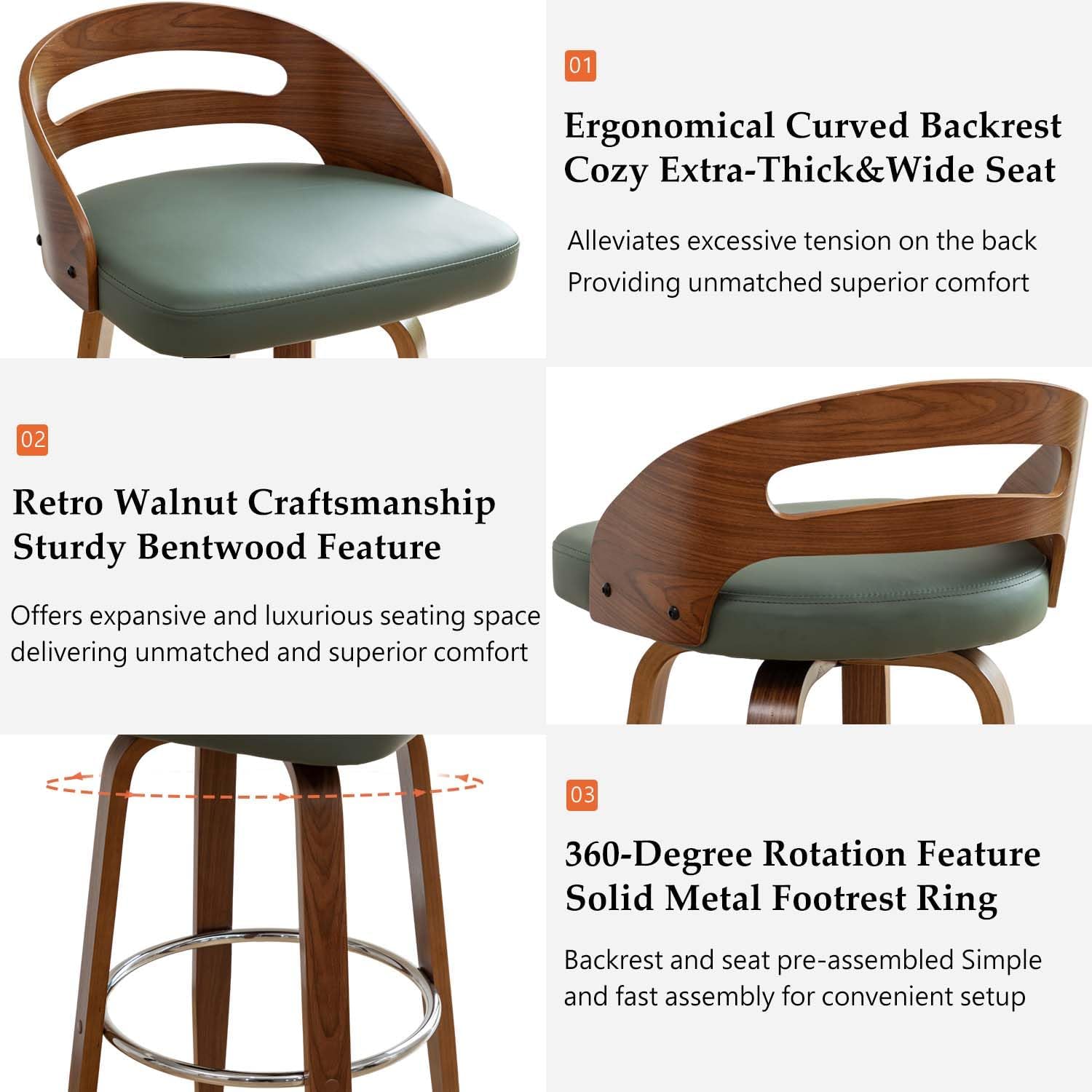 Counter Stools Set of 2, Counter Height Bar Stools with Walnut Crafts, Bentwood Curved Back, Upholstered Faux Leather, Soft Cushion Seat, Swivel Counter Chairs for Island/Pub (Green, 26" Seat Height)