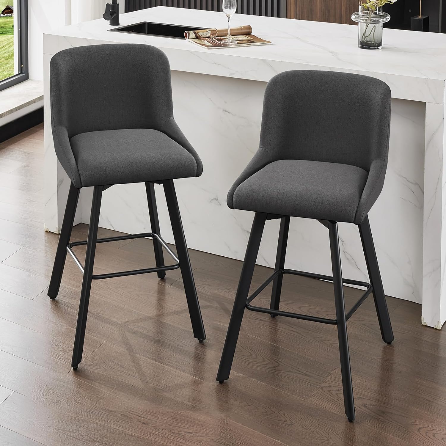 Swivel Bar Stools Set of 2, 26''H Upholstered Barstools with Backs, Modern Counter Height Bar Stool Chairs for Kitchen Island, Metal Legs, Fabric, Gray Counter Stools