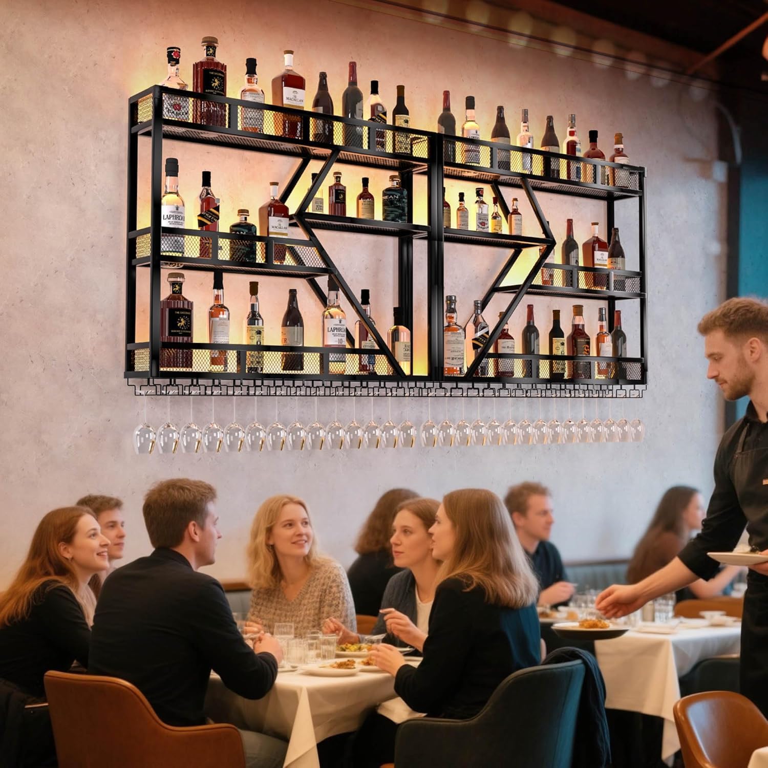 71in Wall Mounted Liquor Shelves with LED Lights, Industrial Metal Wall Bar Rack with Wine Glass Holder, Large Bottle Display Shelf for Home Kitchen (Gold)