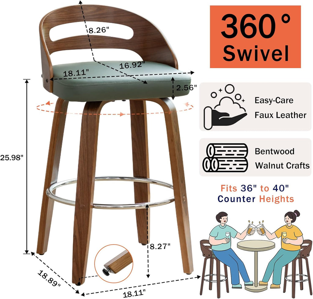 Counter Stools Set of 2, Counter Height Bar Stools with Walnut Crafts, Bentwood Curved Back, Upholstered Faux Leather, Soft Cushion Seat, Swivel Counter Chairs for Island/Pub (Green, 26" Seat Height)