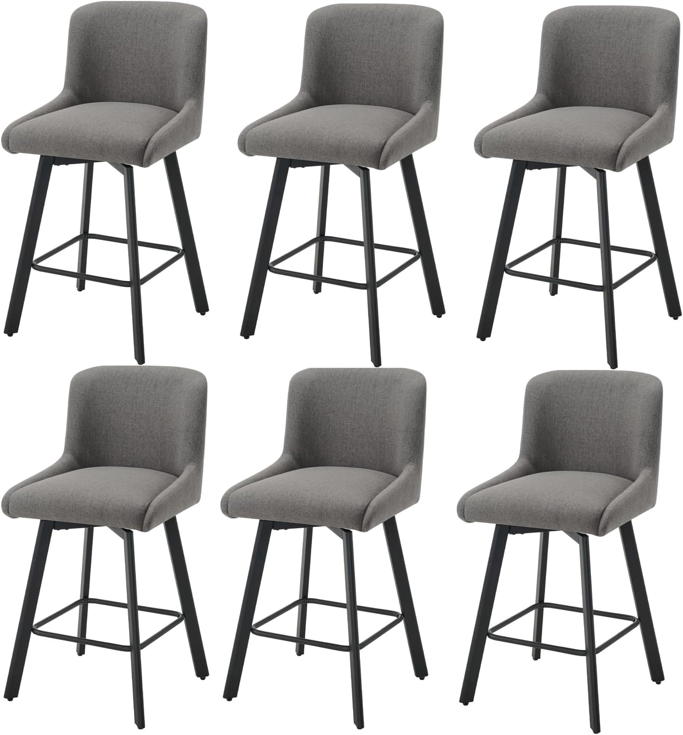 Swivel Bar Stools Set of 2, 26''H Upholstered Barstools with Backs, Modern Counter Height Bar Stool Chairs for Kitchen Island, Metal Legs, Fabric, Gray Counter Stools