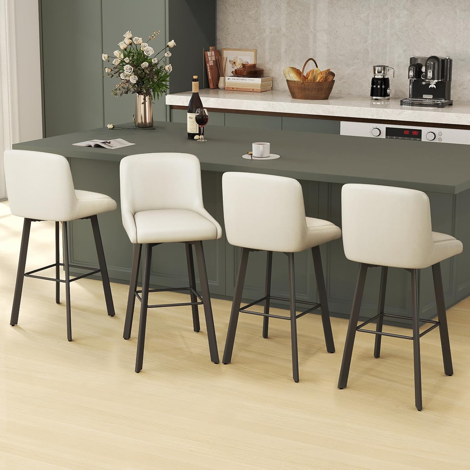 Swivel Bar Stools Set of 2, 26''H Upholstered Barstools with Backs, Modern Counter Height Bar Stool Chairs for Kitchen Island, Metal Legs, Fabric, Gray Counter Stools