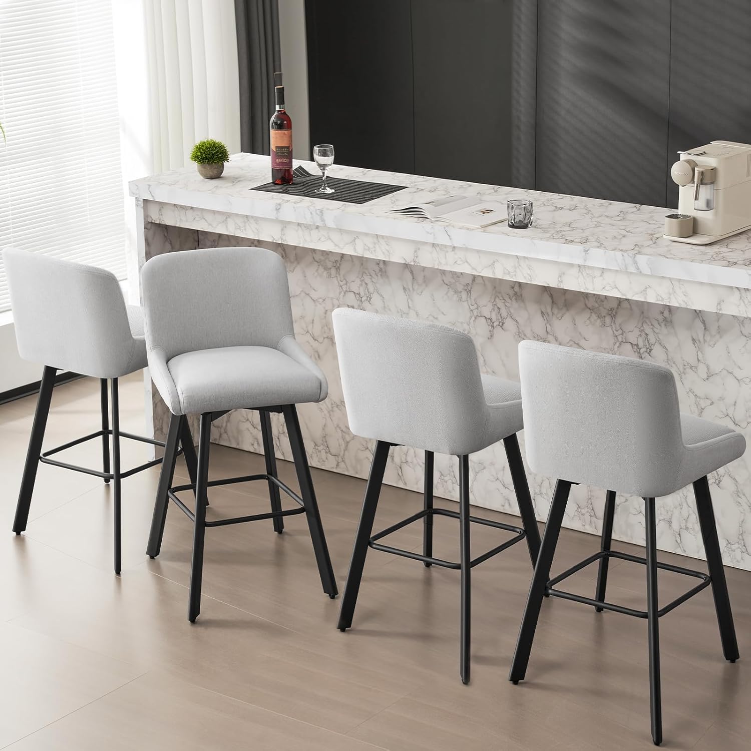Swivel Bar Stools Set of 2, 26''H Upholstered Barstools with Backs, Modern Counter Height Bar Stool Chairs for Kitchen Island, Metal Legs, Fabric, Gray Counter Stools