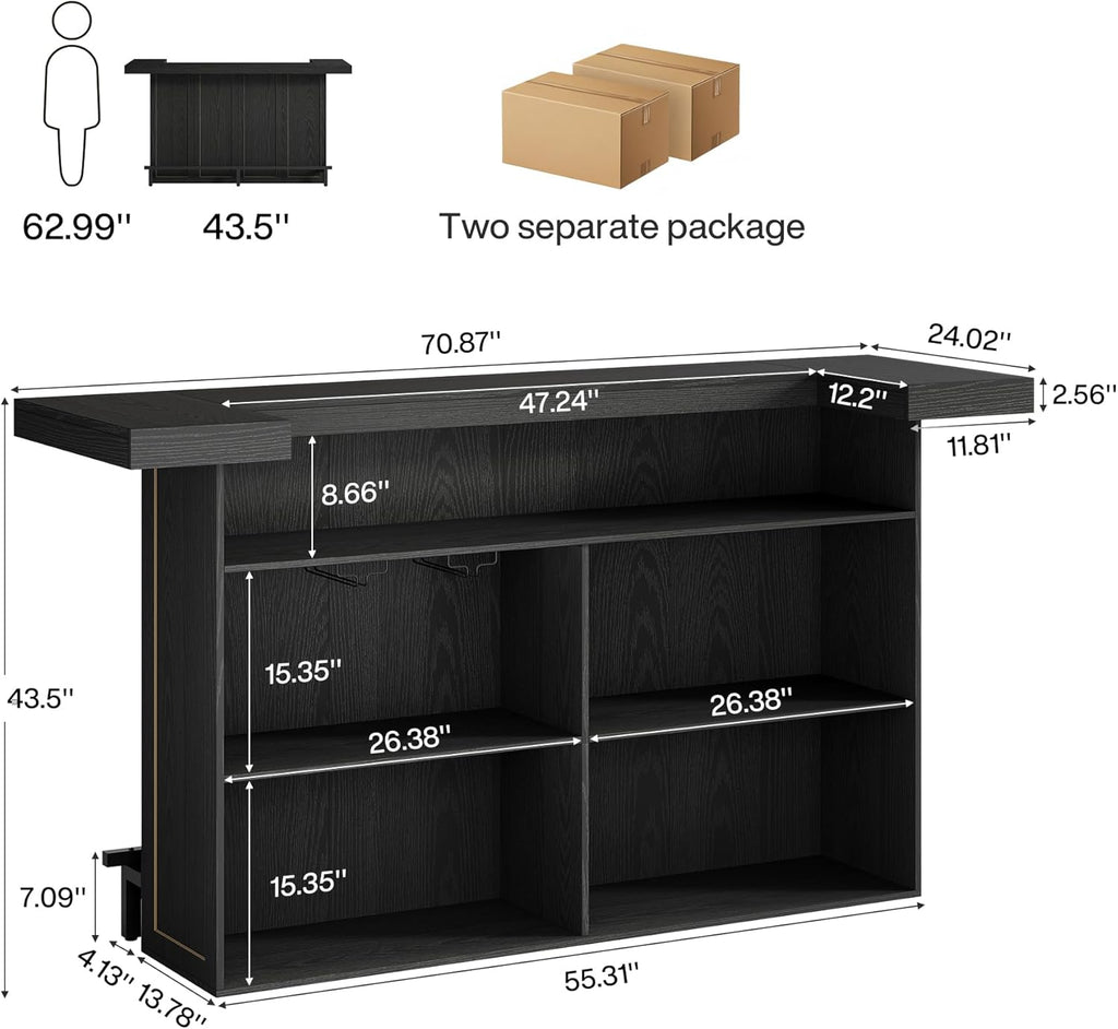 Tribesigns 4-Tier Bar Table, 70.9-Inch Large Wooden Home Bar Unit with Wine Glass Holder and Black Footrest, Pub Table with Storage Shelves for Dining Room, Living Room, Black