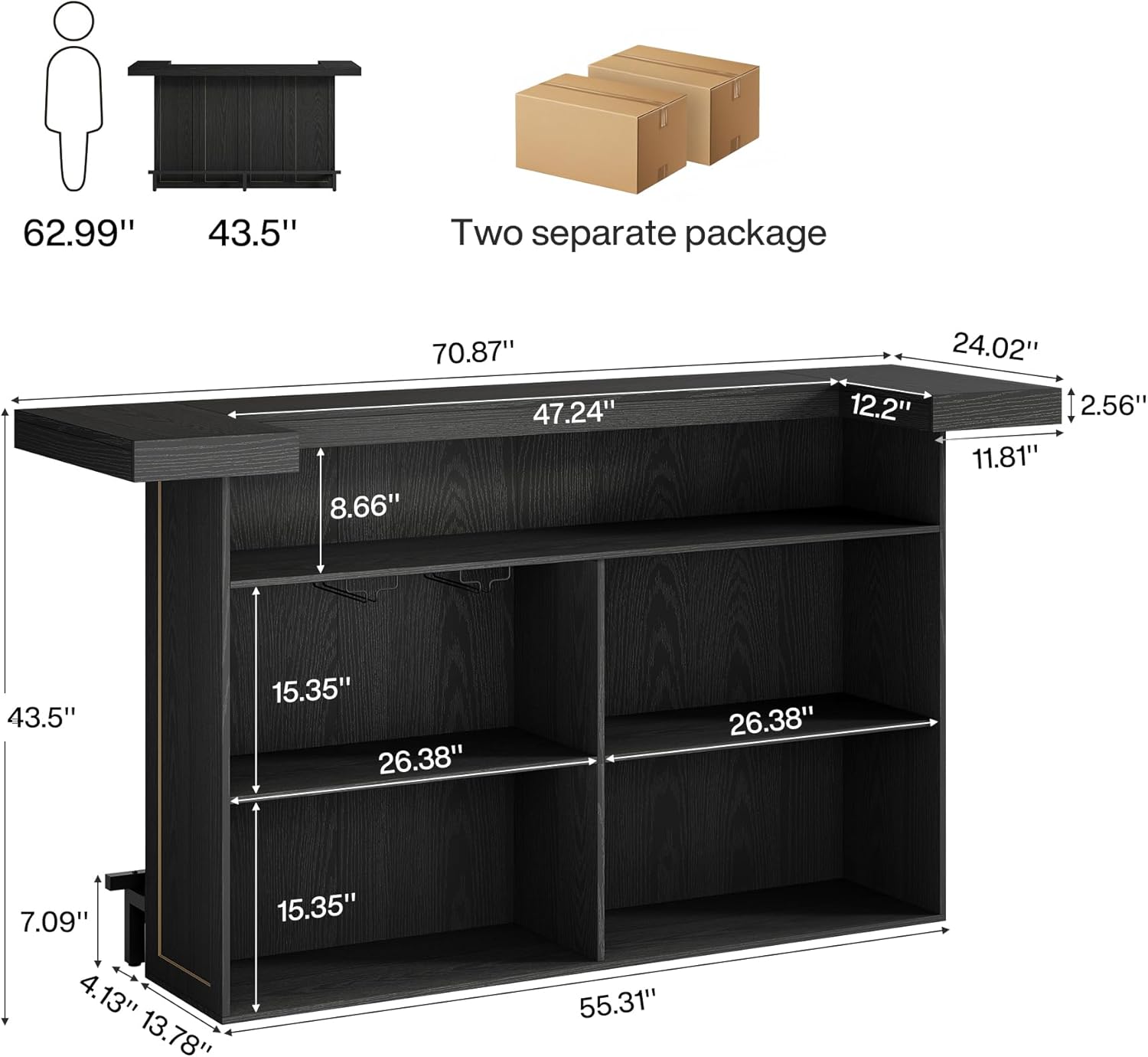 Tribesigns 4-Tier Bar Table, 70.9-Inch Large Wooden Home Bar Unit with Wine Glass Holder and Black Footrest, Pub Table with Storage Shelves for Dining Room, Living Room, Black