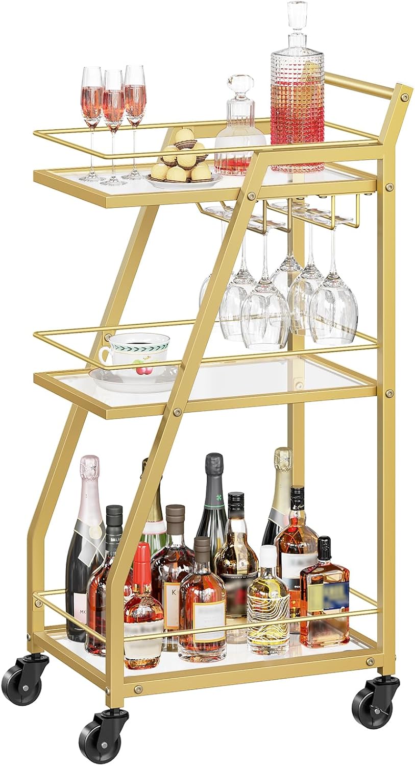 Bar Cart, Gold Bar Cart for The Home, Small Bar Cart on Wheels, Beverage Cart, Home Bar Serving Cart with Glass Holder, Drink Cart for Bar, Kitchen, Marble White and Gold BC03DW