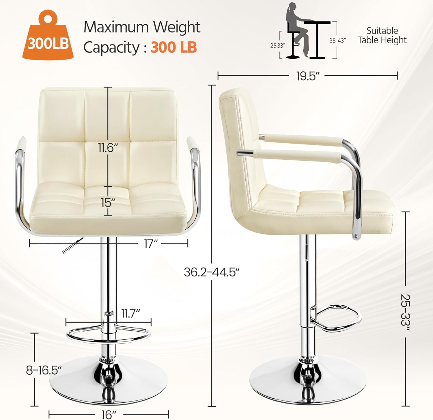 Yaheetech Bar Stools Set of 2, PU Leather Adjustable Swivel Barstools, Hydraulic Kitchen Counter Height Bar Chairs with Armrest and Back for Bar, Kitchen, Dining Room, Beige