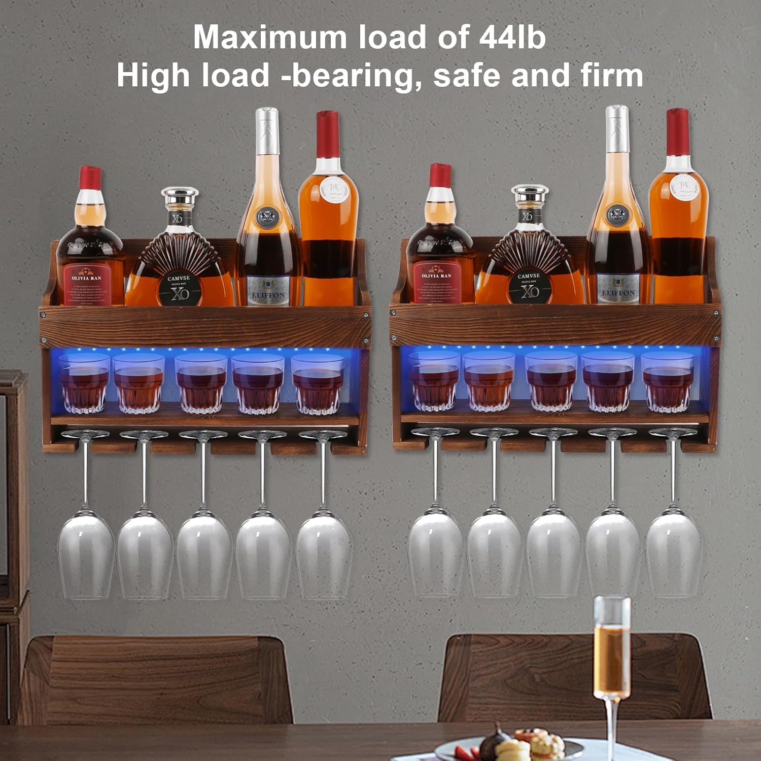 2 Pack Wooden Wine Rack Wall Mounted with LED Light, Wall Wine Rack, Bar Liquor Shelf, Wine Glass Holder Wall Mounted, Floating Bar Shelves for Kitchen, Dining Room, Home Bar