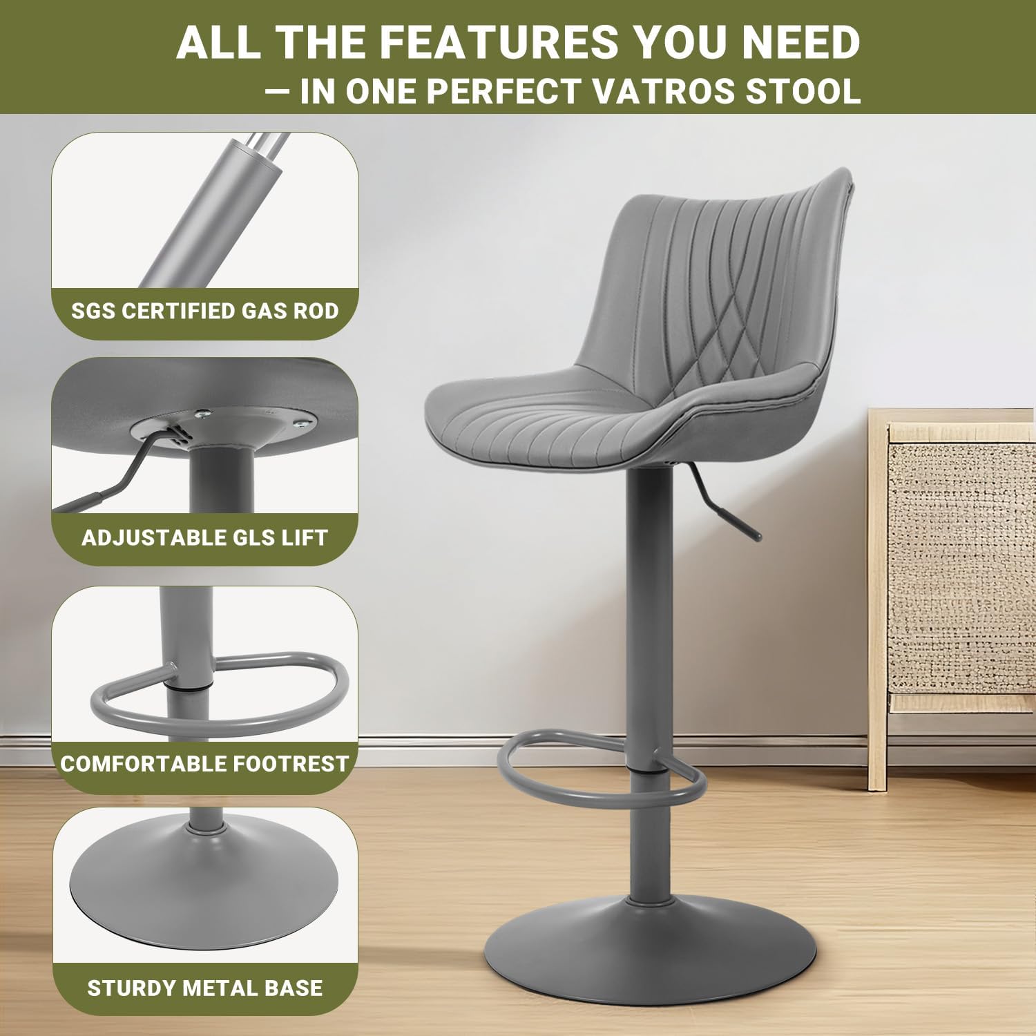 Bar Stools Set of 2, Adjustable Counter Height Bar Stools with Open Back and Footrest, Premium Faux PU Leather, Modern Upholstered Swivel Barstool for Kitchen Island, Bar,or Dining Room, Gray