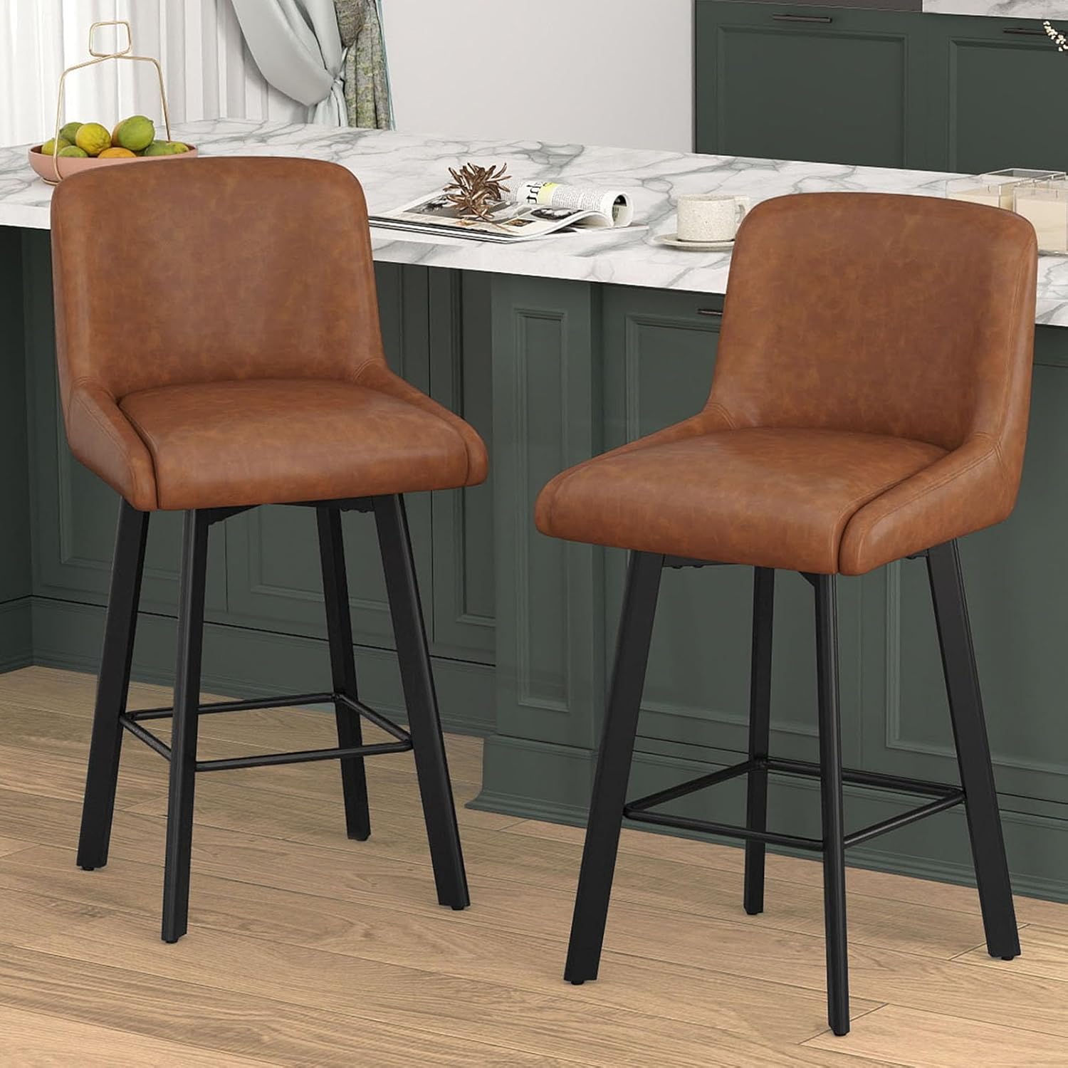 Swivel Bar Stools Set of 2, 26''H Upholstered Barstools with Backs, Modern Counter Height Bar Stool Chairs for Kitchen Island, Metal Legs, Fabric, Gray Counter Stools
