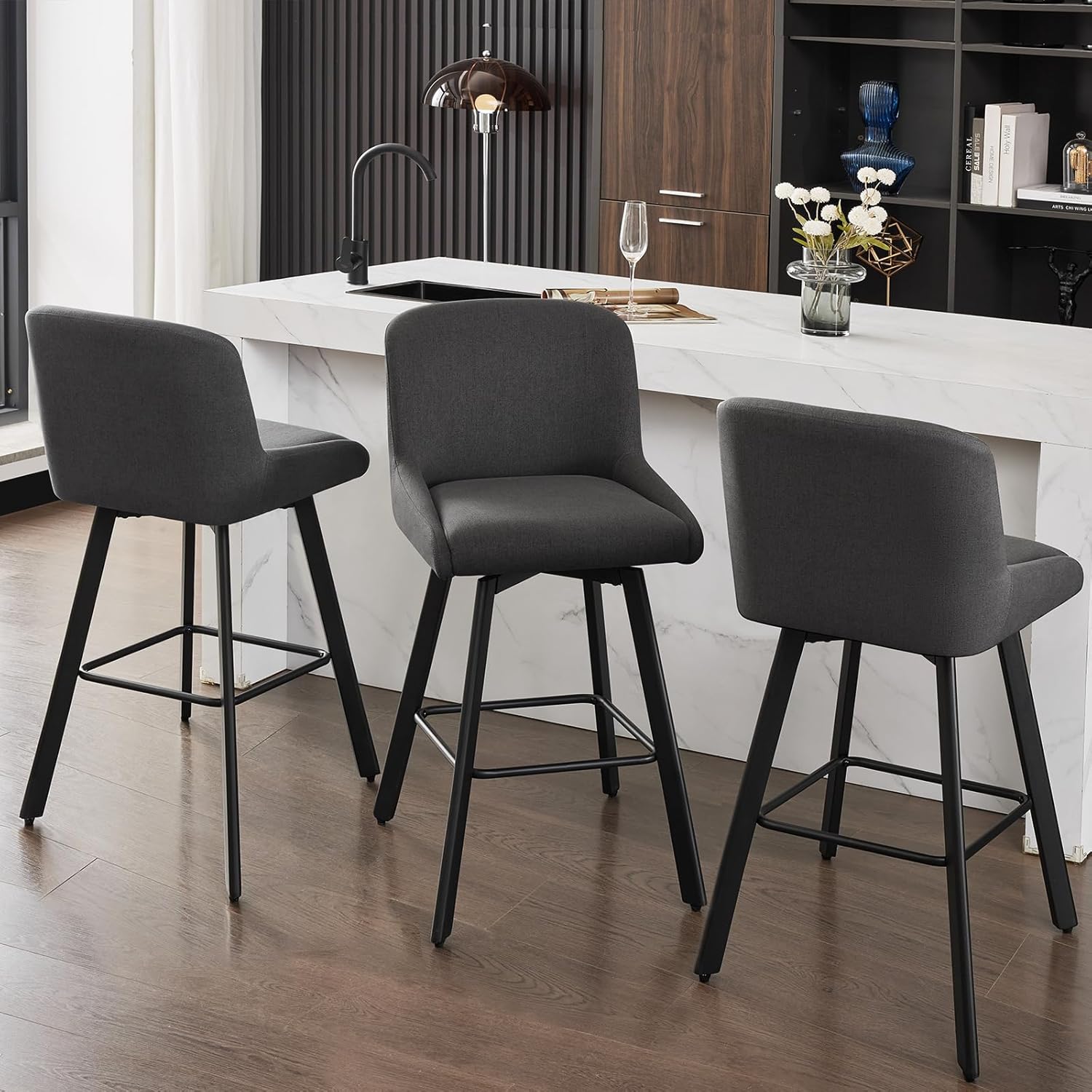 Swivel Bar Stools Set of 2, 26''H Upholstered Barstools with Backs, Modern Counter Height Bar Stool Chairs for Kitchen Island, Metal Legs, Fabric, Gray Counter Stools