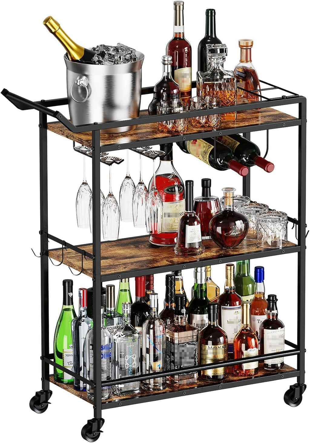 3 Tier Bar Cart, Mini Liquor Utility Cart for Wine Beverage Dinner Party, Rolling Wine Coffee Drink Serving Cart with Lockable Wheels for Home Kitchen Bars (Rustic Brown)