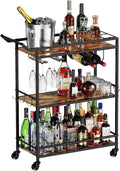 3 Tier Bar Cart, Mini Liquor Utility Cart for Wine Beverage Dinner Party, Rolling Wine Coffee Drink Serving Cart with Lockable Wheels for Home Kitchen Bars (Rustic Brown)