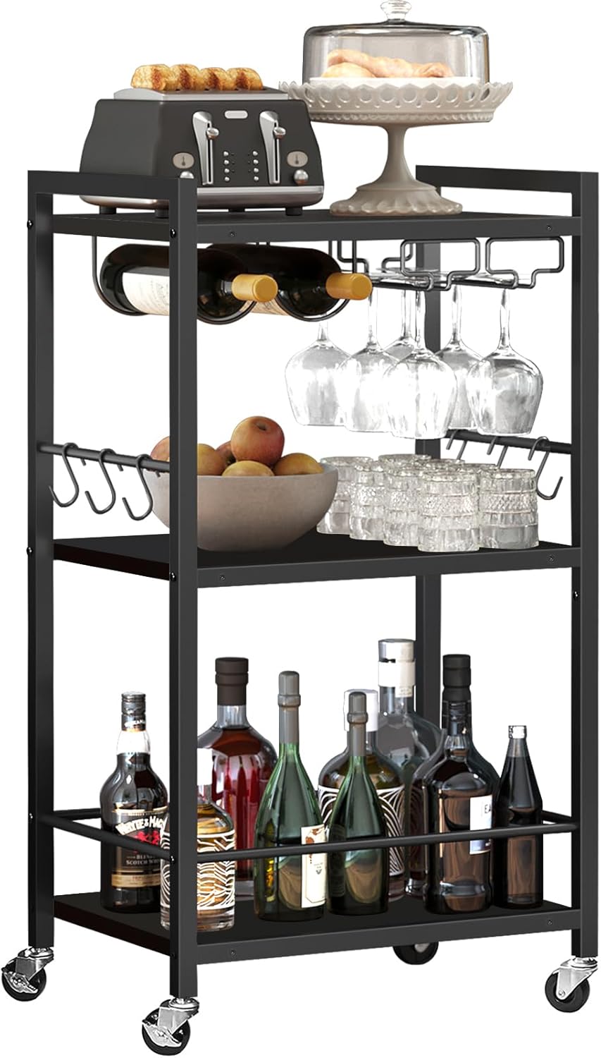 TUTOTAK Bar Cart, Serving Cart for Home, Microwave Cart, Drink Cart, Mobile Kitchen Shelf with Wine Rack and Glass Holder, Rolling Beverage Cart BC01BB030