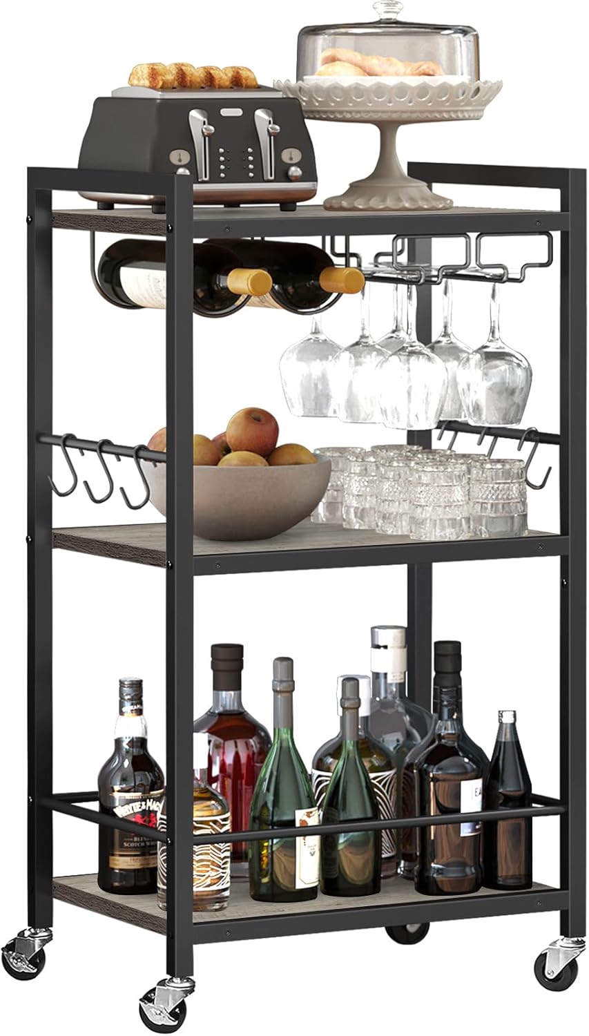 TUTOTAK Bar Cart, Serving Cart for Home, Microwave Cart, Drink Cart, Mobile Kitchen Shelf with Wine Rack and Glass Holder, Rolling Beverage Cart BC01BB030