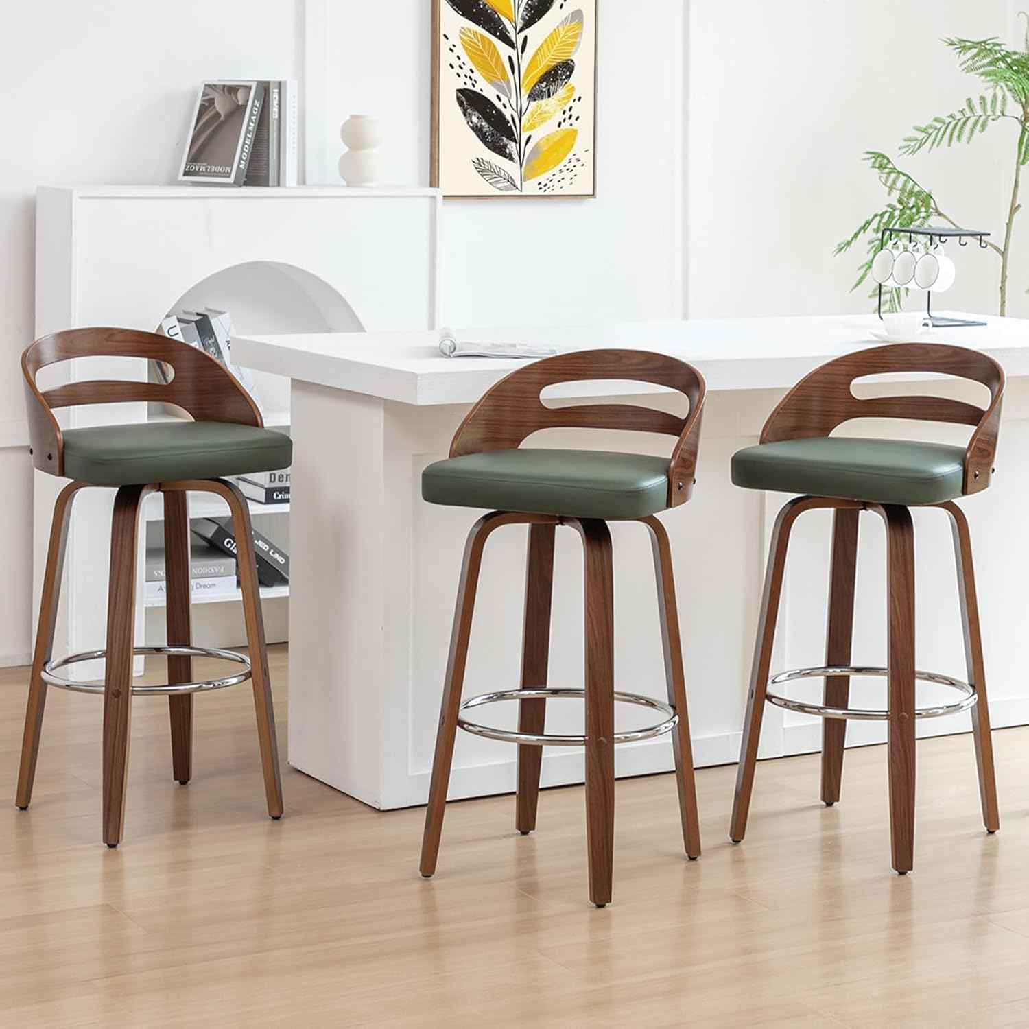 Counter Stools Set of 2, Counter Height Bar Stools with Walnut Crafts, Bentwood Curved Back, Upholstered Faux Leather, Soft Cushion Seat, Swivel Counter Chairs for Island/Pub (Green, 26" Seat Height)