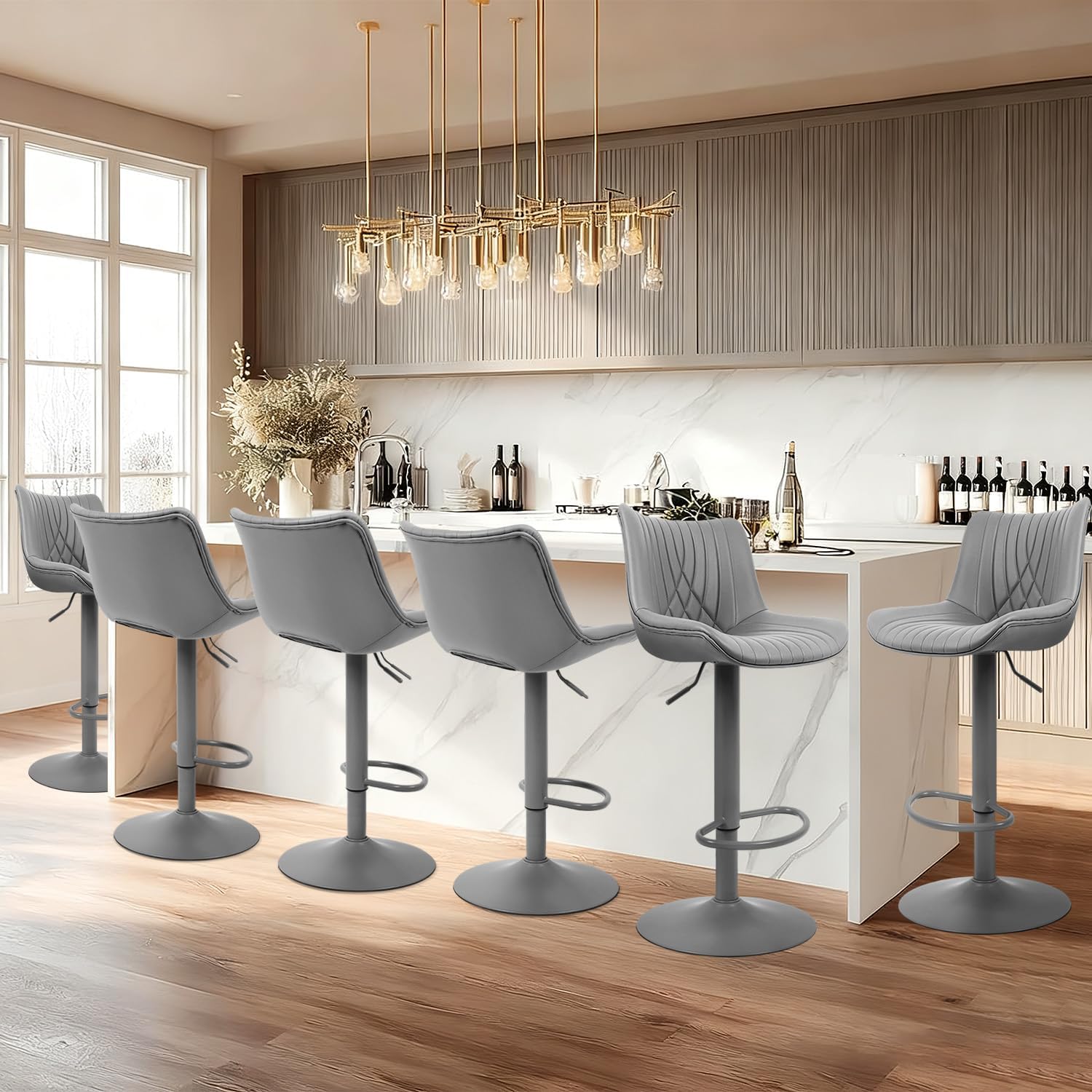 Bar Stools Set of 2, Adjustable Counter Height Bar Stools with Open Back and Footrest, Premium Faux PU Leather, Modern Upholstered Swivel Barstool for Kitchen Island, Bar,or Dining Room, Gray