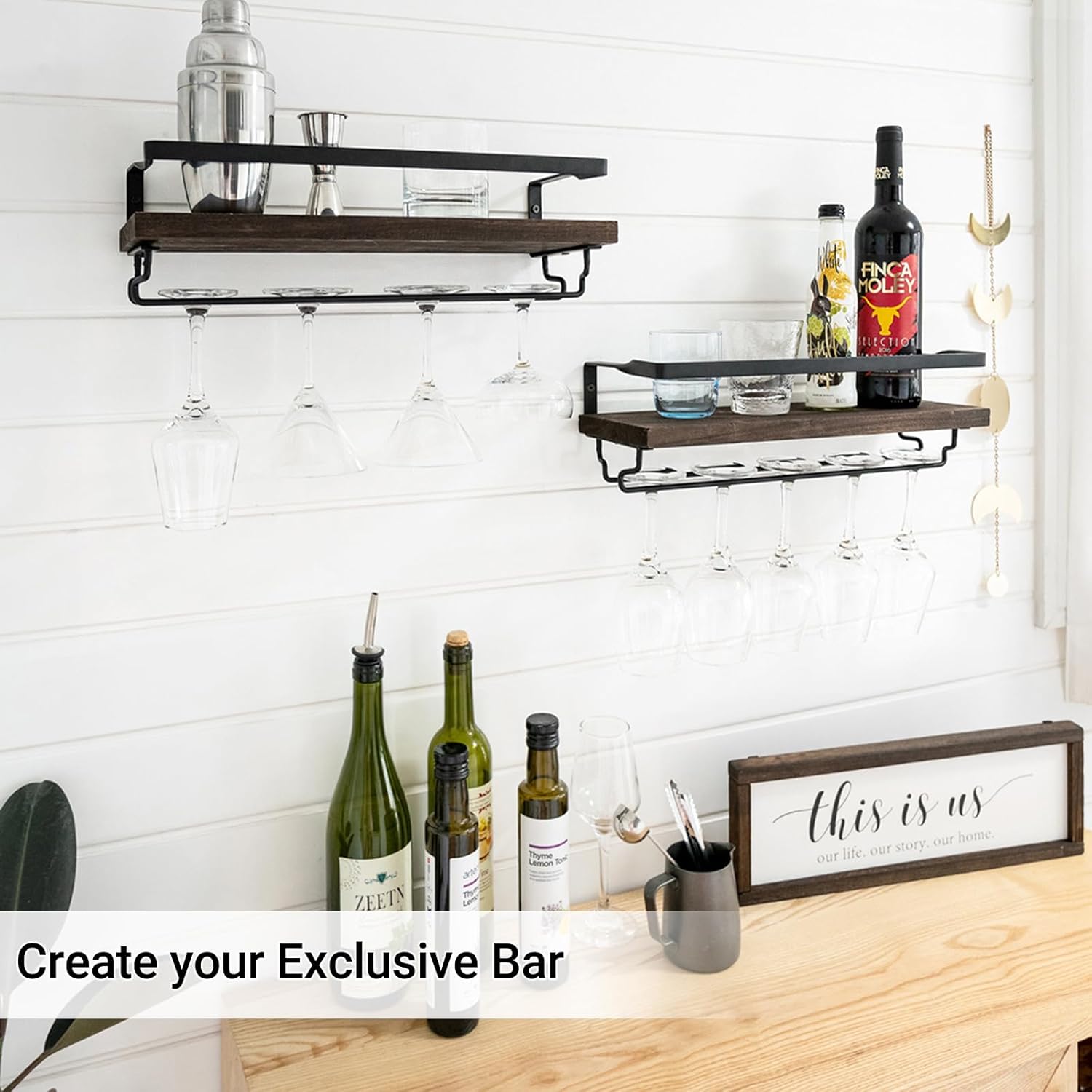 Mkono Wall Mounted Wine Rack Set of 2 Wood Rustic Wine Bottle Glass Floating Shelves with Stemware Hanger Modern Plants Photos Wine Display Storage Holder for Kitchen Dining Room Bar, 17 Inch