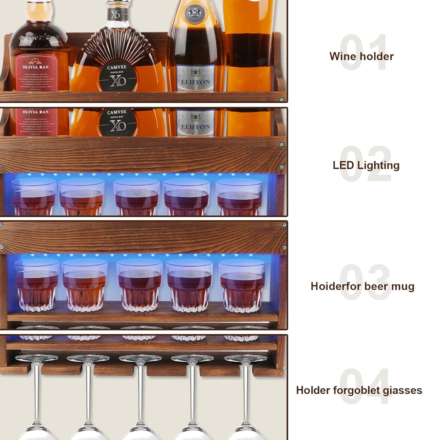 2 Pack Wooden Wine Rack Wall Mounted with LED Light, Wall Wine Rack, Bar Liquor Shelf, Wine Glass Holder Wall Mounted, Floating Bar Shelves for Kitchen, Dining Room, Home Bar