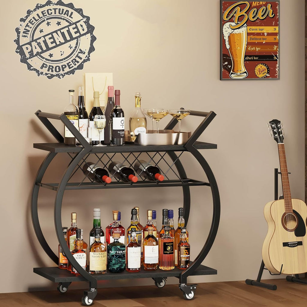 LVB Black Wine Cart with Wheels, Modern Bar Cart with Wine Rack, Industrial Beverage Rolling Kitchen Serving Cart with Storage, Metal Wooden Microwave Drink Liquor Cart for Home Dining Room, Black Oak