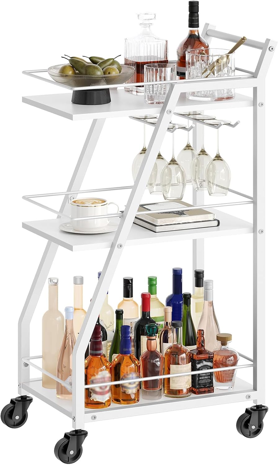 Bar Cart, Gold Bar Cart for The Home, Small Bar Cart on Wheels, Beverage Cart, Home Bar Serving Cart with Glass Holder, Drink Cart for Bar, Kitchen, Marble White and Gold BC03DW