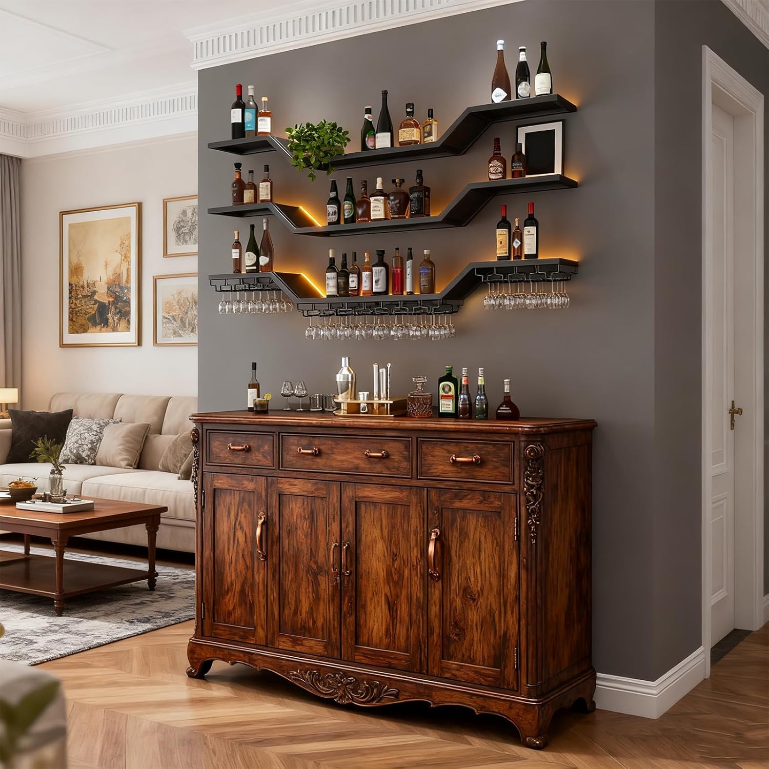 39.4in Modern LED Wine Rack Wall Mounted, 3-Tier Floating Bar Shelves with Wine Glass Rack, Large Hanging Liquor Shelf Wall Mounted, for Home Bar Dining Room Cafe Decorative (Black, 39.4in/100cm)