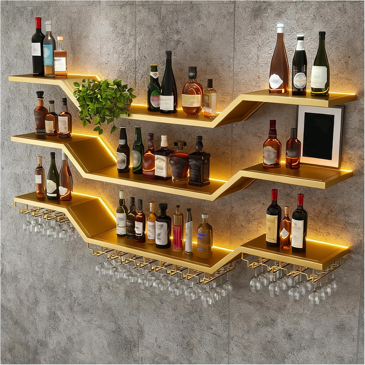 39.4in Modern LED Wine Rack Wall Mounted, 3-Tier Floating Bar Shelves with Wine Glass Rack, Large Hanging Liquor Shelf Wall Mounted, for Home Bar Dining Room Cafe Decorative (Black, 39.4in/100cm)