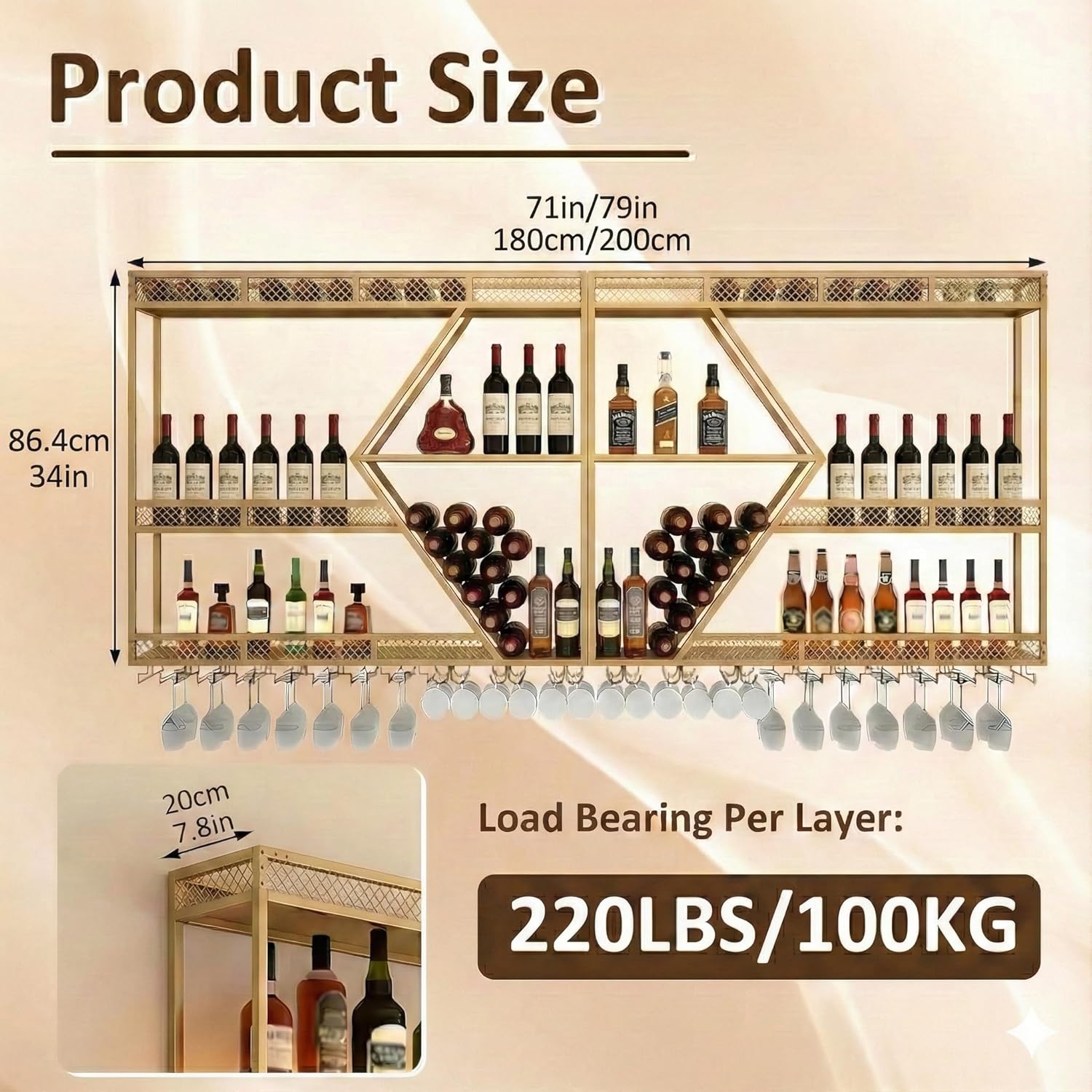 71in Wall Mounted Liquor Shelves with LED Lights, Industrial Metal Wall Bar Rack with Wine Glass Holder, Large Bottle Display Shelf for Home Kitchen (Gold)