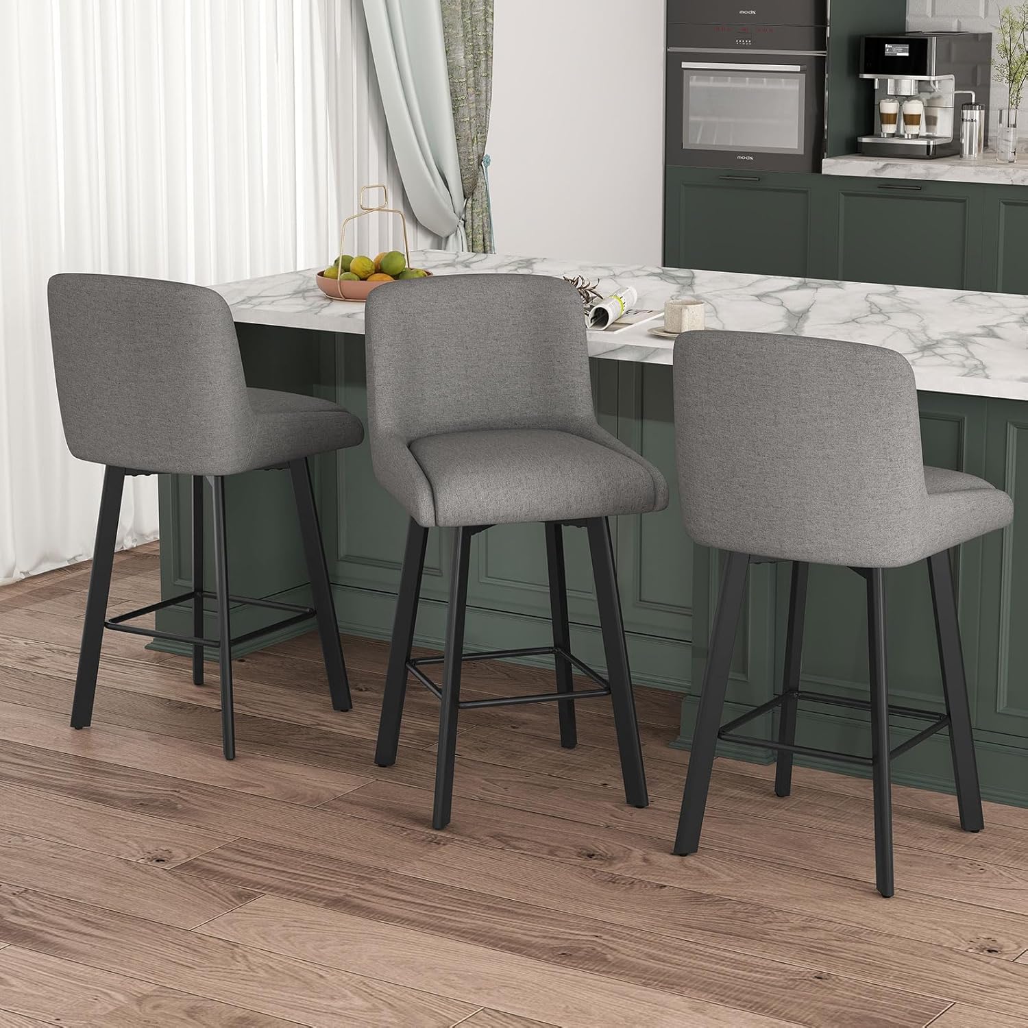 Swivel Bar Stools Set of 2, 26''H Upholstered Barstools with Backs, Modern Counter Height Bar Stool Chairs for Kitchen Island, Metal Legs, Fabric, Gray Counter Stools