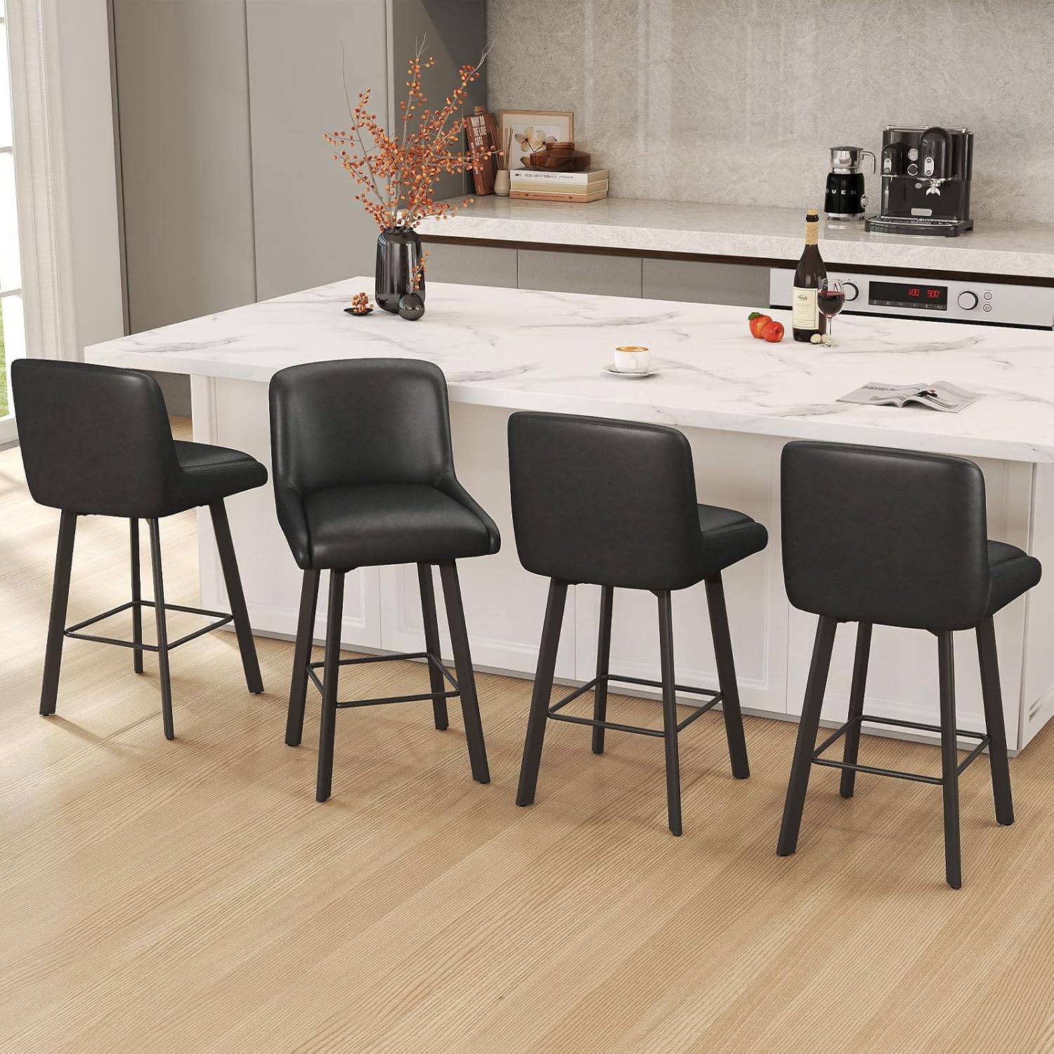 Swivel Bar Stools Set of 2, 26''H Upholstered Barstools with Backs, Modern Counter Height Bar Stool Chairs for Kitchen Island, Metal Legs, Fabric, Gray Counter Stools