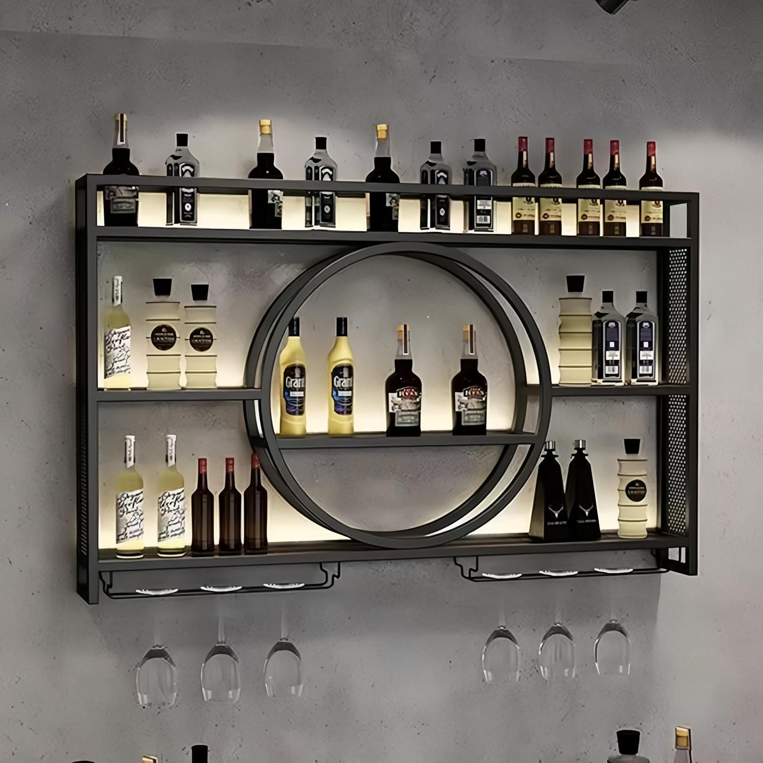 39 Inch Metal Wall Mounted Wine Rack, 3 Tier Bar Shelves with Glass Holder, Large Capacity Modern Liquor Shelves for Home Bar, Dining Room & Kitchen, Black