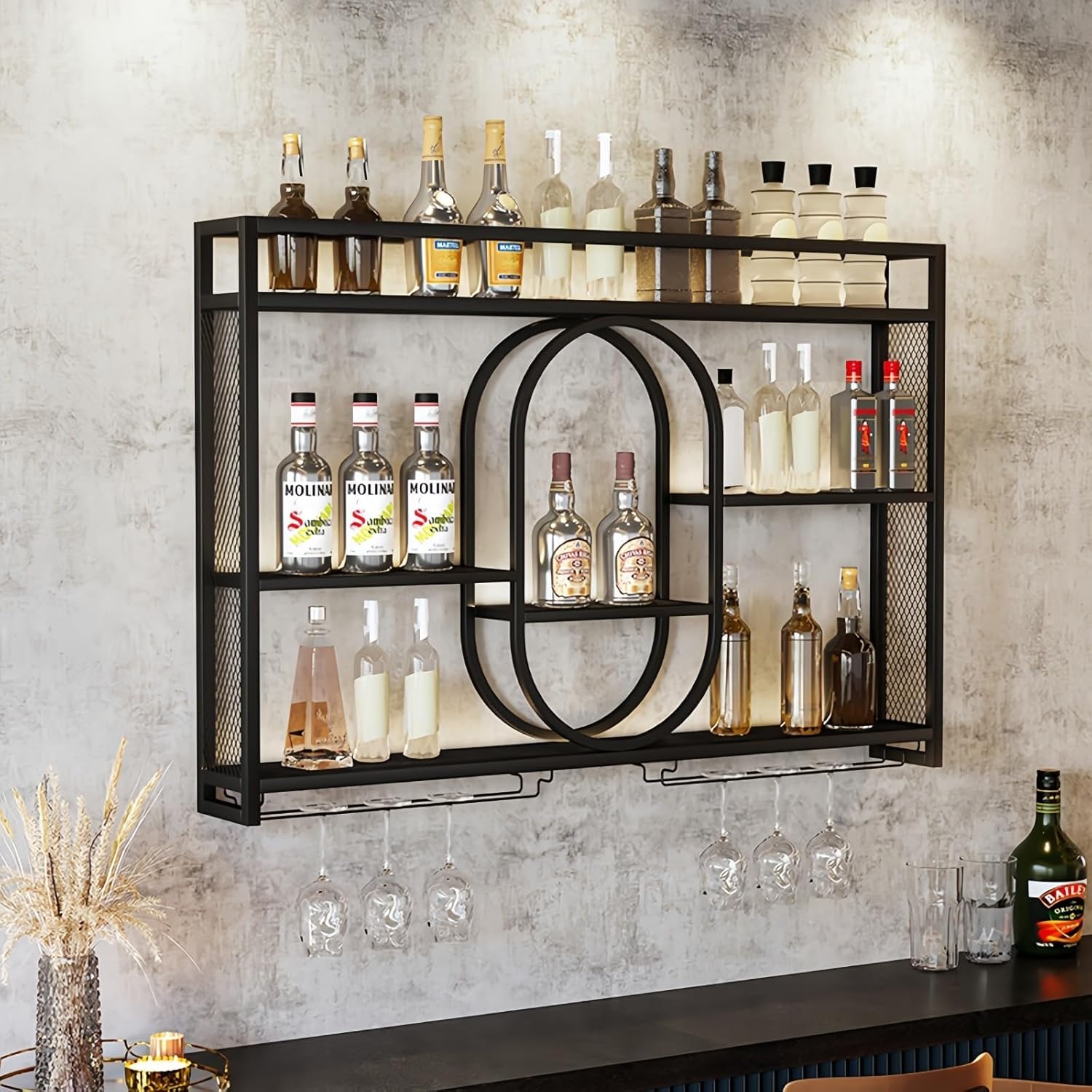 39 Inch Metal Wall Mounted Wine Rack, 3 Tier Bar Shelves with Glass Holder, Large Capacity Modern Liquor Shelves for Home Bar, Dining Room & Kitchen, Black