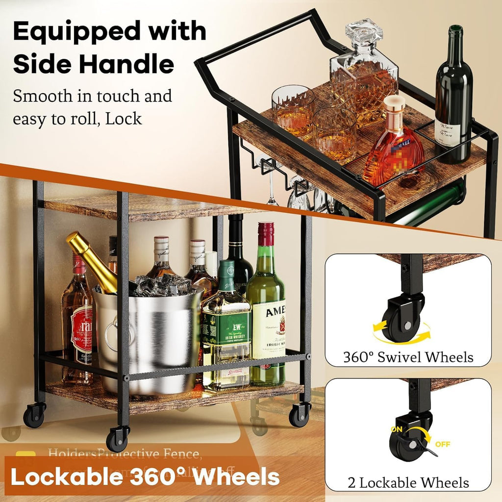 3 Tier Bar Cart, Mini Liquor Utility Cart for Wine Beverage Dinner Party, Rolling Wine Coffee Drink Serving Cart with Lockable Wheels for Home Kitchen Bars (Rustic Brown)
