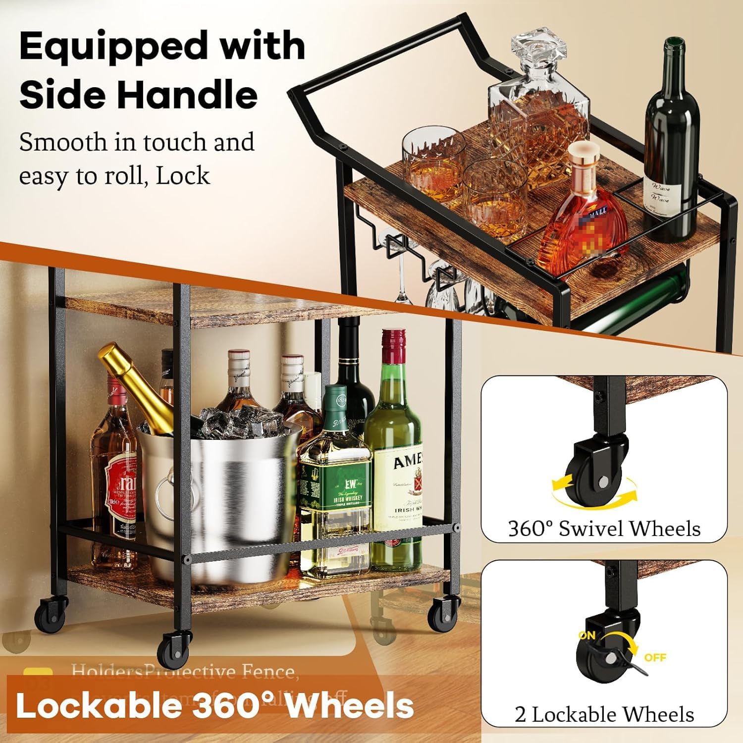 3 Tier Bar Cart, Mini Liquor Utility Cart for Wine Beverage Dinner Party, Rolling Wine Coffee Drink Serving Cart with Lockable Wheels for Home Kitchen Bars (Rustic Brown)